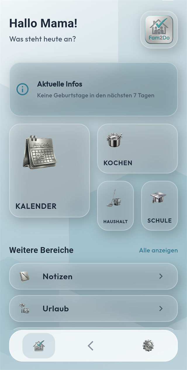Fam2Do App-Dashboard mit Kalender, Kochen, Haushalt und Schule