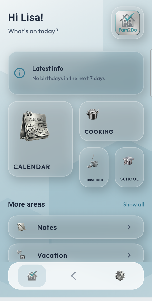 Fam2Do app dashboard with calendar, cooking, household and school