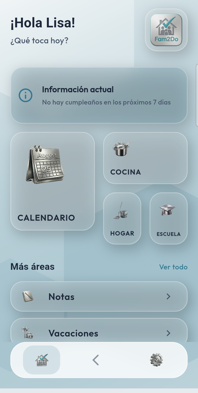 Panel de la app Fam2Do con calendario, cocina, hogar y colegio