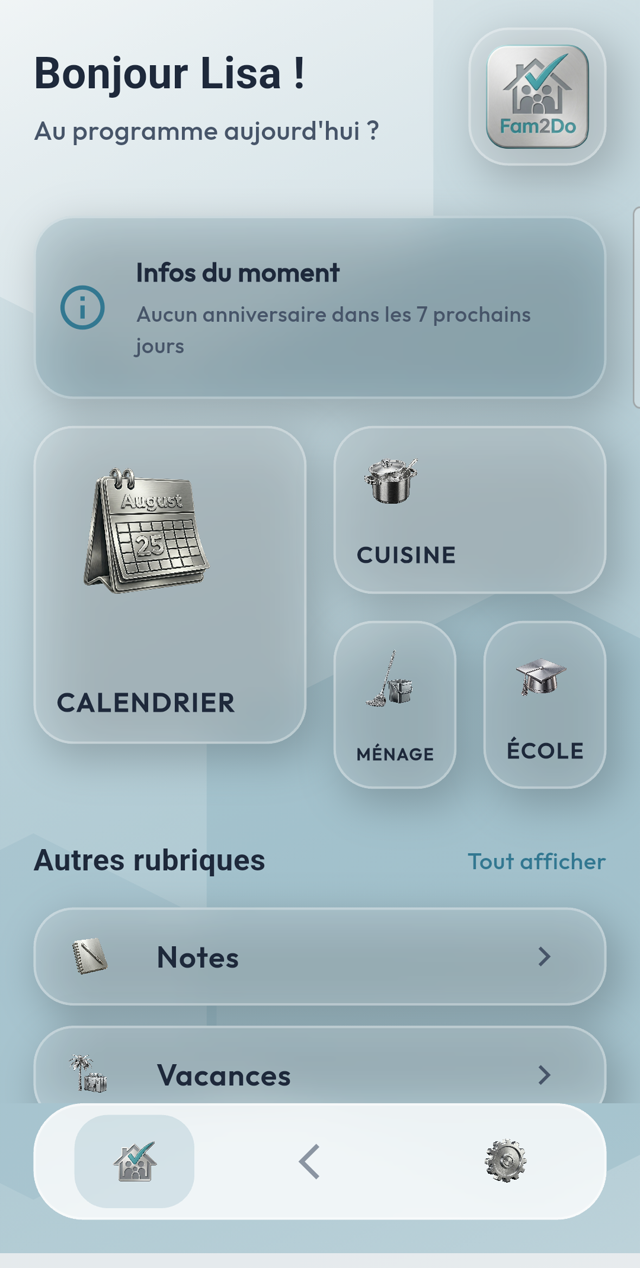 Tableau de bord de l'appli Fam2Do : calendrier, cuisine, ménage et école
