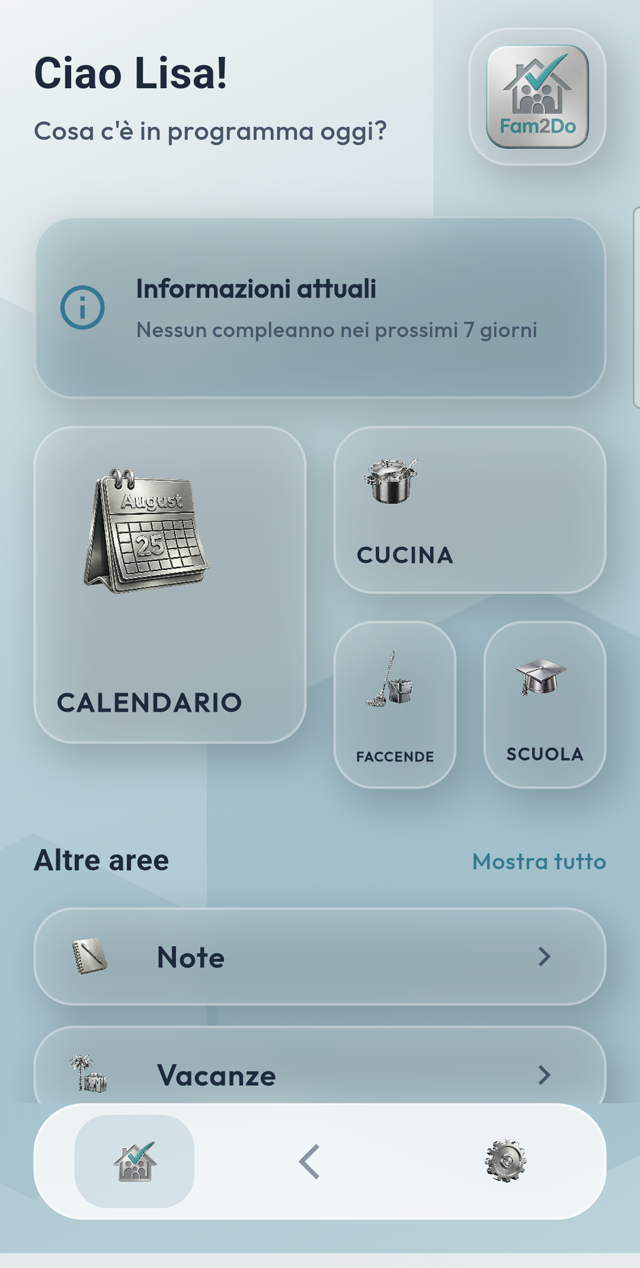Dashboard dell'app Fam2Do con calendario, cucina, casa e scuola